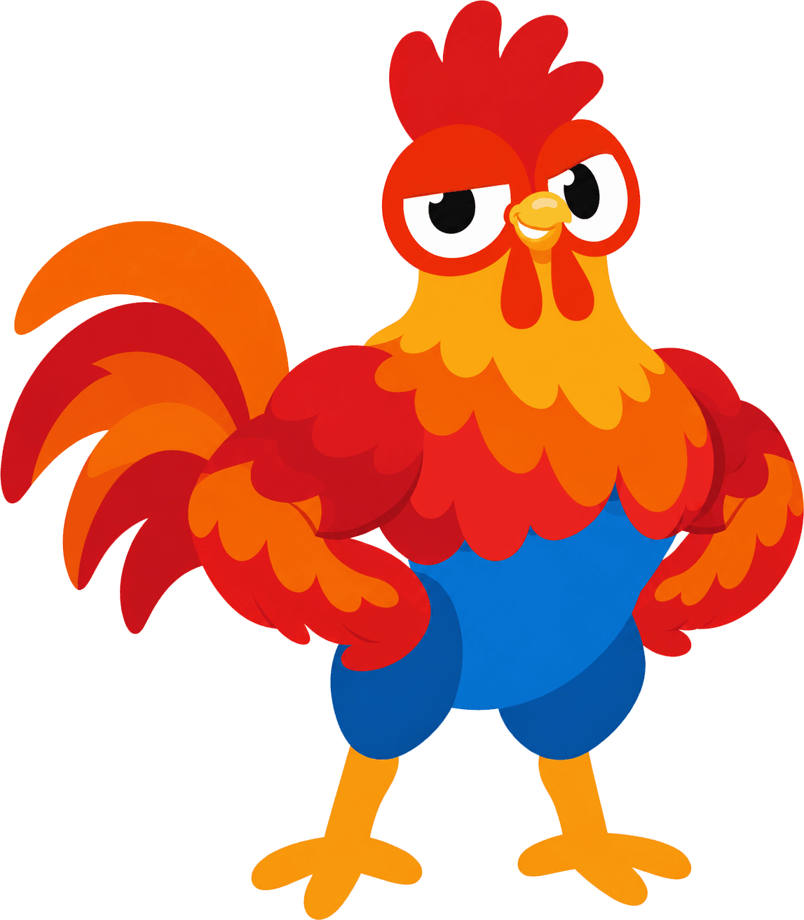 The UpCluck rooster flexing a wing