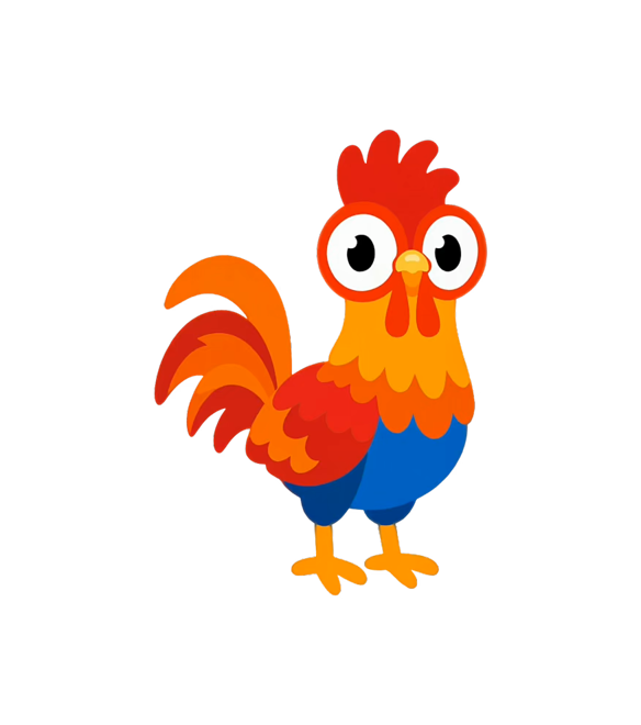 UpCluck, a bright red, orange, and blue rooster
